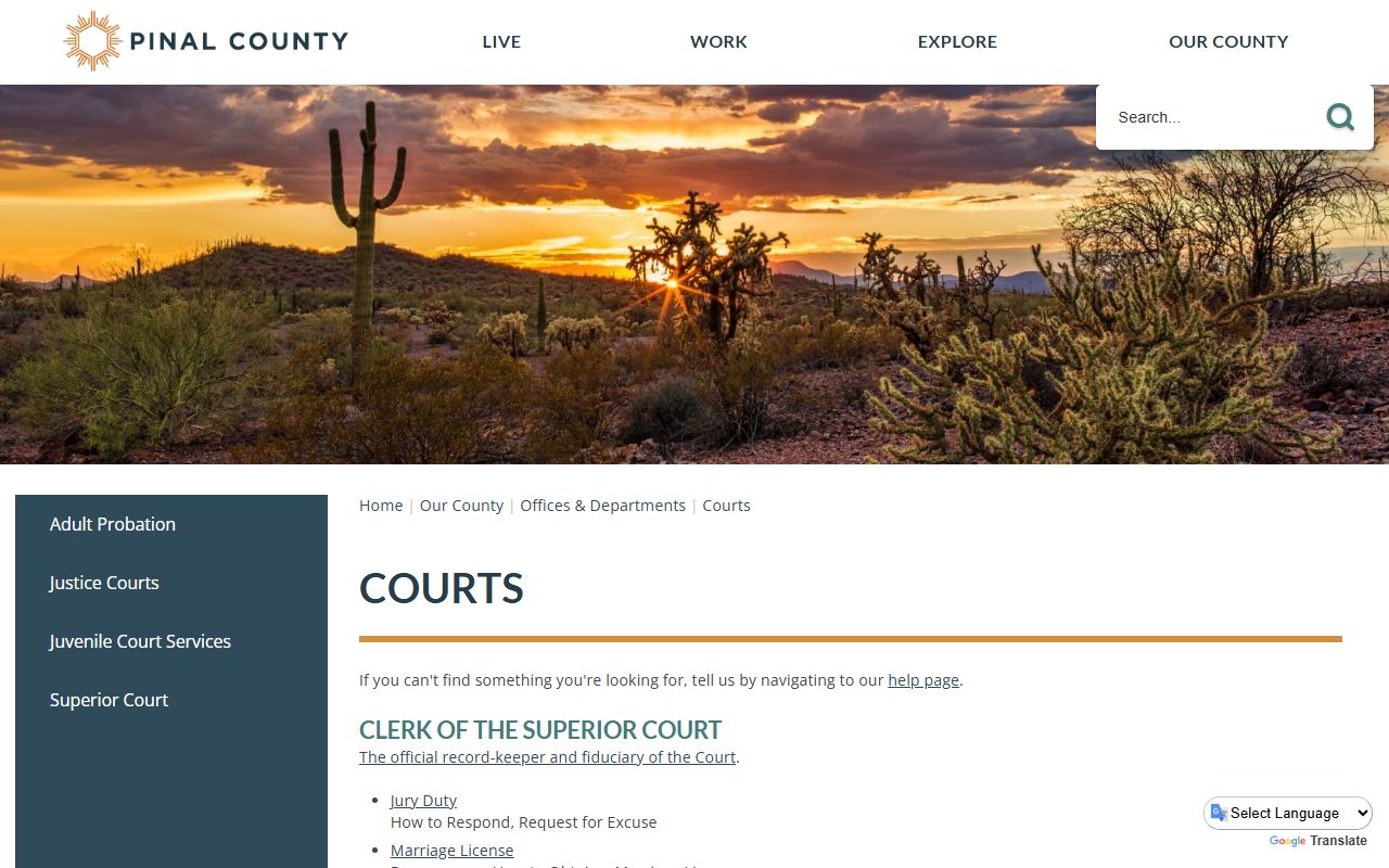 Pinal County Court records page on pinal.gov