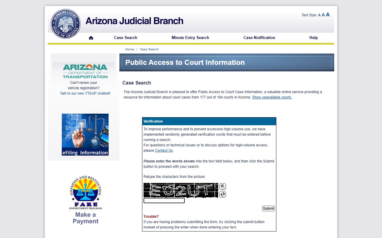 Arizona Public Access case lookup search page for Pinal County court records
