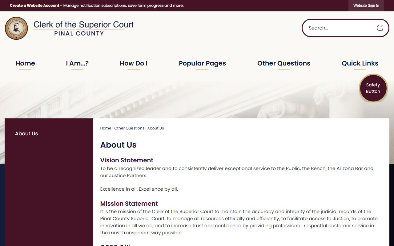 Pinal County Clerk of Superior Court About page describing the Pinal County court records role