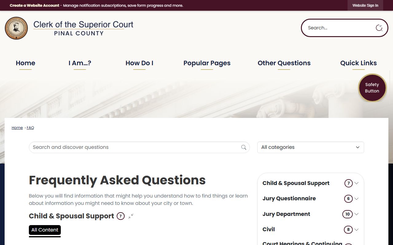 Pinal County Clerk FAQ page with Pinal County court records request guidance