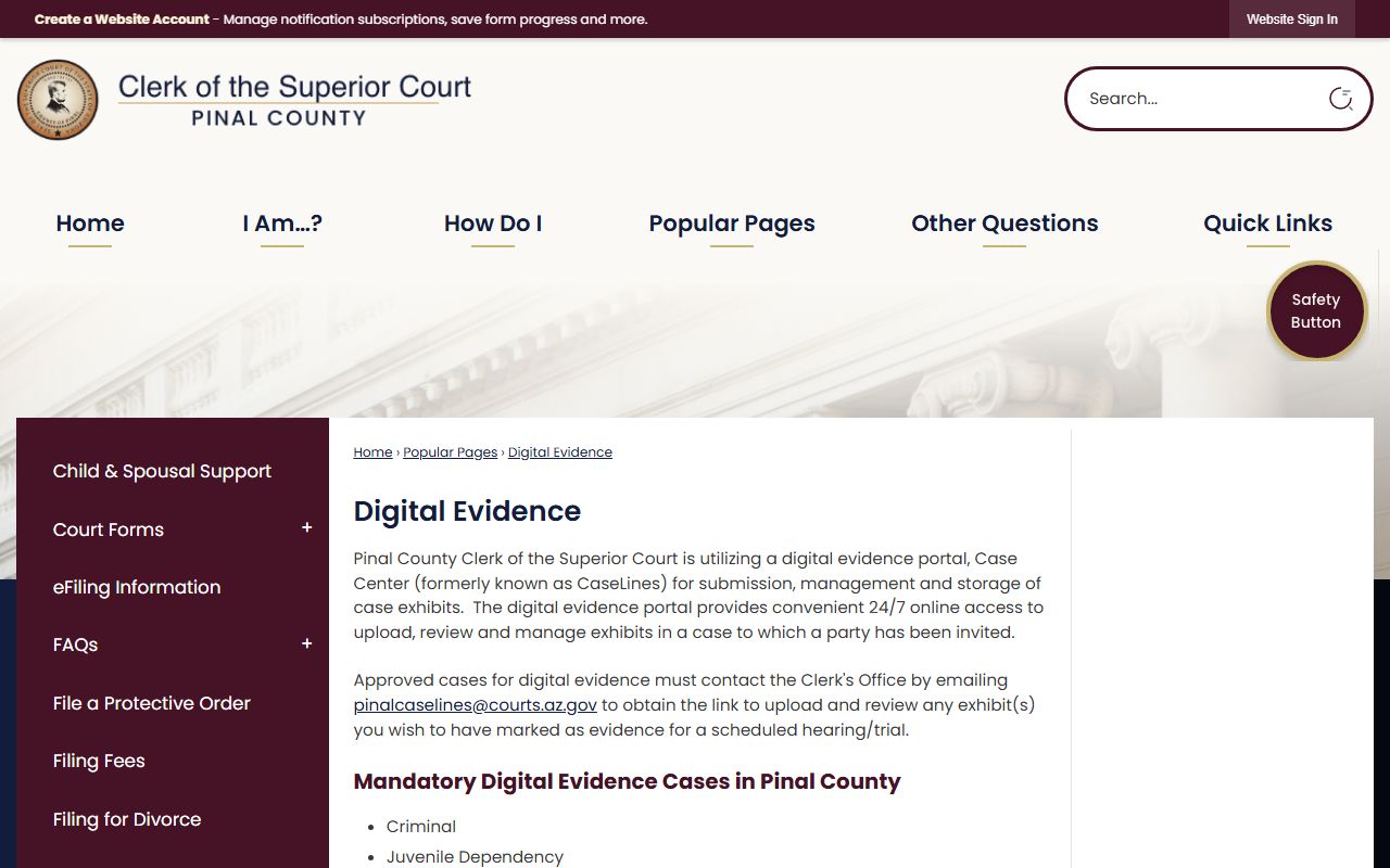 Pinal County Clerk Digital Evidence page describing exhibit handling for Pinal court records