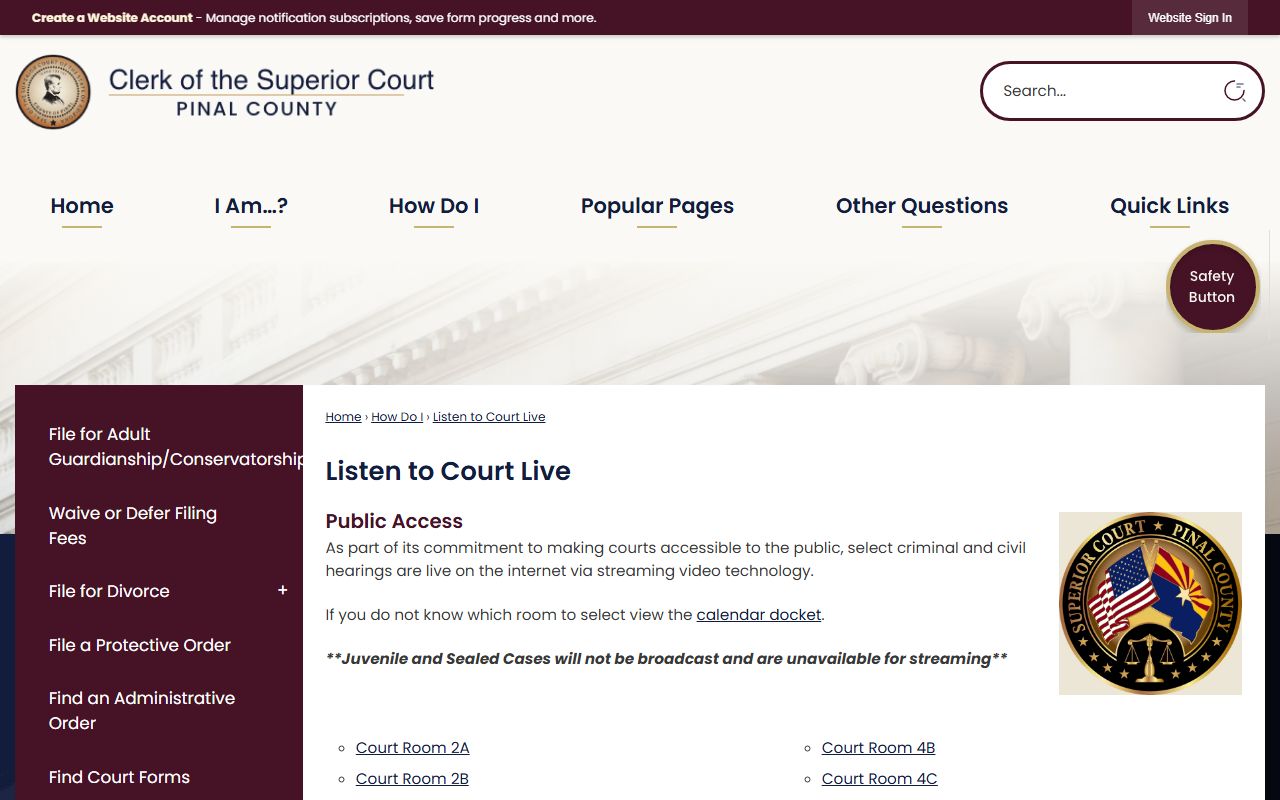 Pinal County Clerk Listen to Court Live page for Pinal court hearing audio access