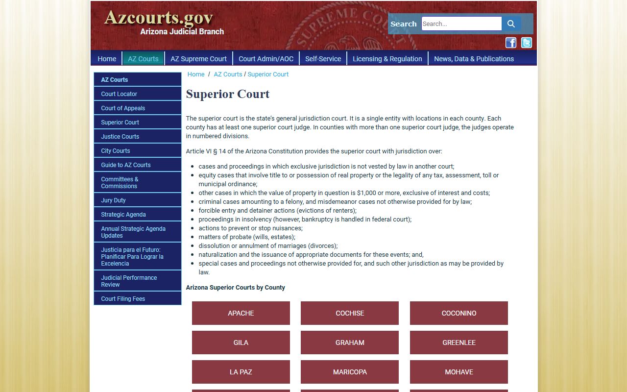 Arizona Judicial Branch Superior Court page covering Pinal County court records jurisdiction