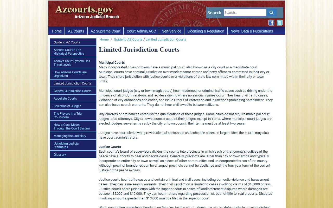 Arizona Judicial Branch limited jurisdiction courts guide covering Pinal County justice and municipal court records