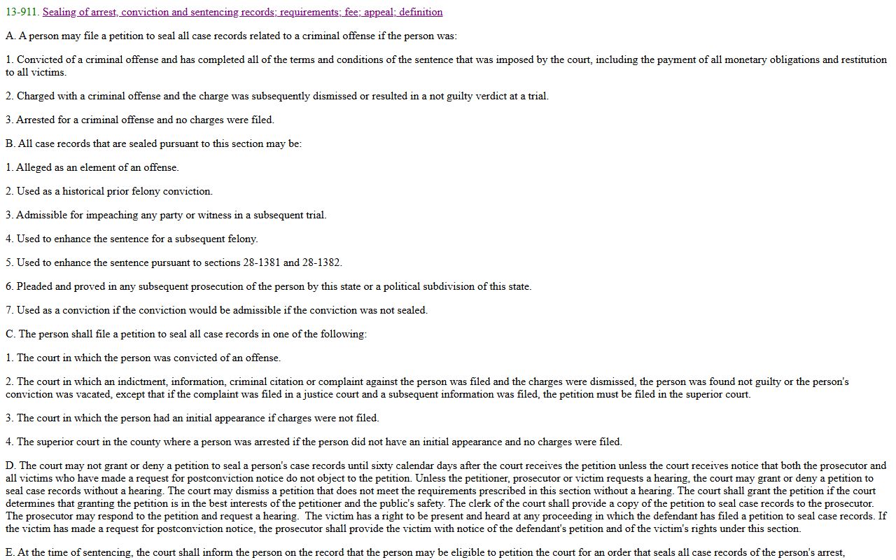 Arizona Revised Statutes section 13-911 sealing law page on azleg.gov for Pinal County criminal records