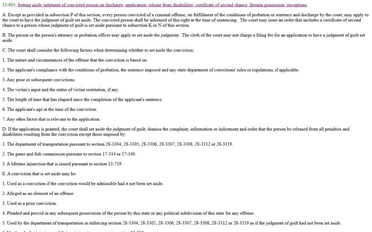 Arizona Revised Statutes section 13-905 set aside conviction law page on azleg.gov