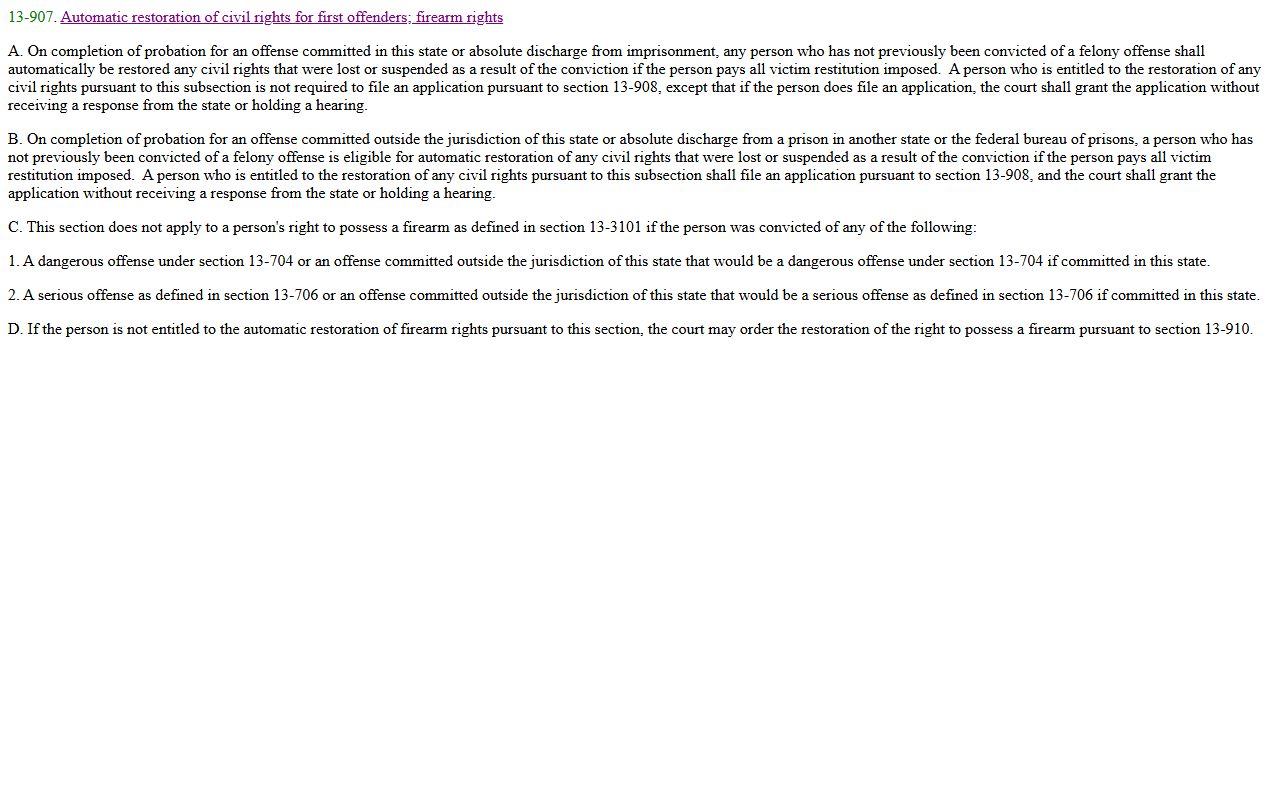 Arizona Revised Statutes section 13-907 civil rights restoration page on azleg.gov
