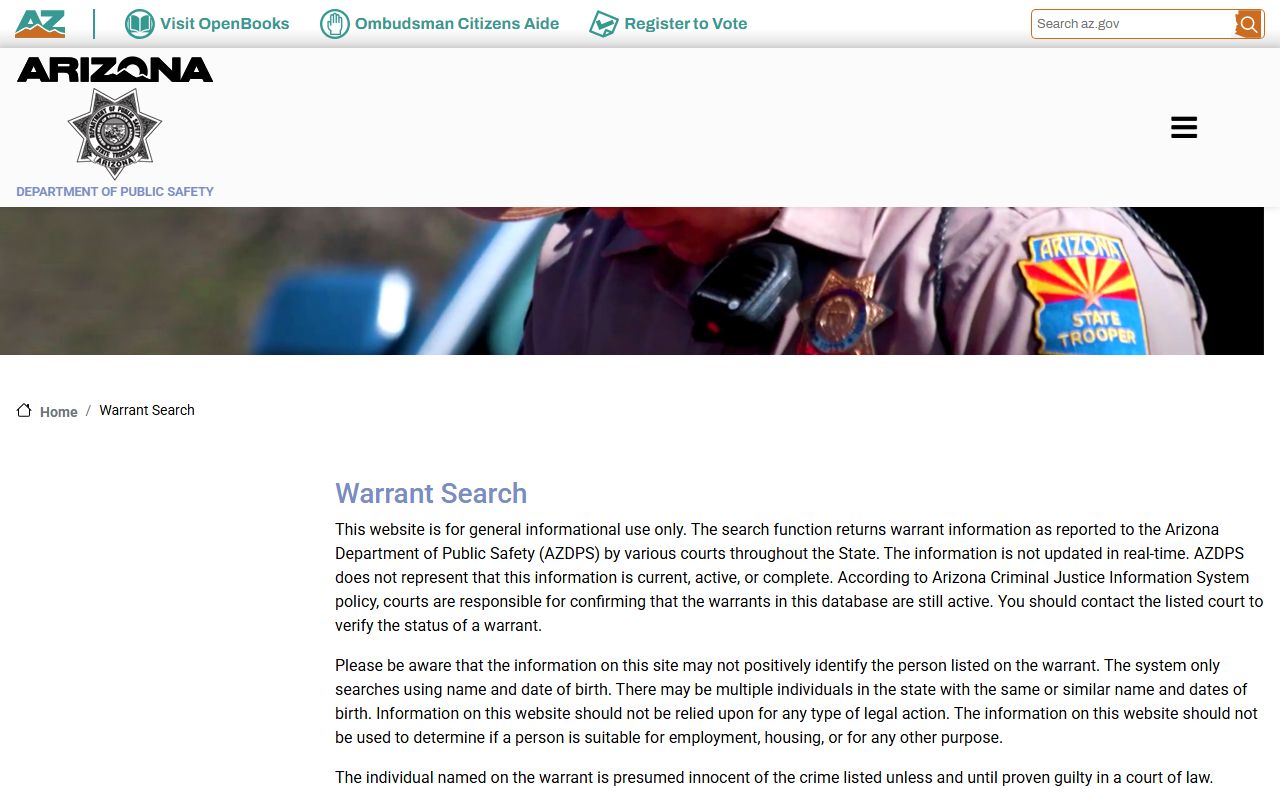 Arizona DPS warrant search page for Pinal County warrants and statewide criminal records
