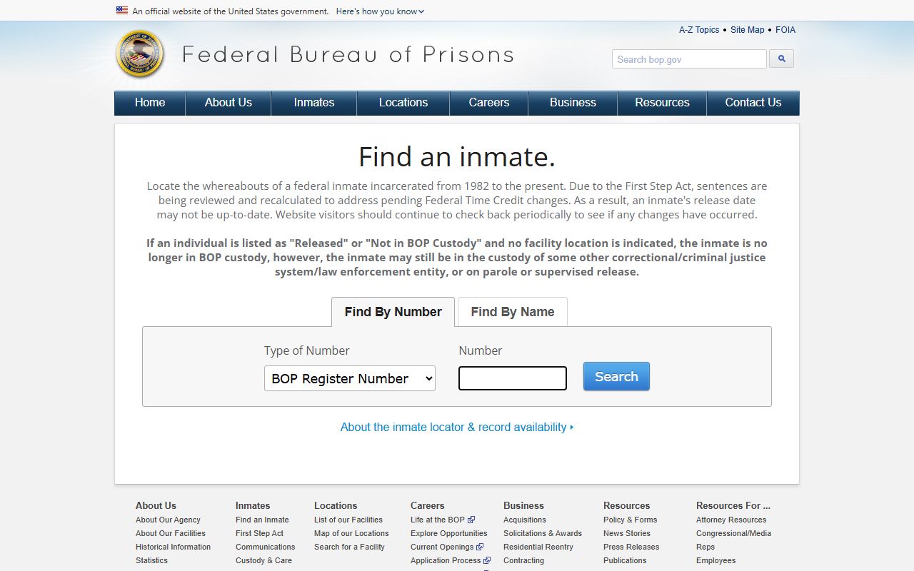 Pinal County inmate population context: BOP federal inmate locator search page