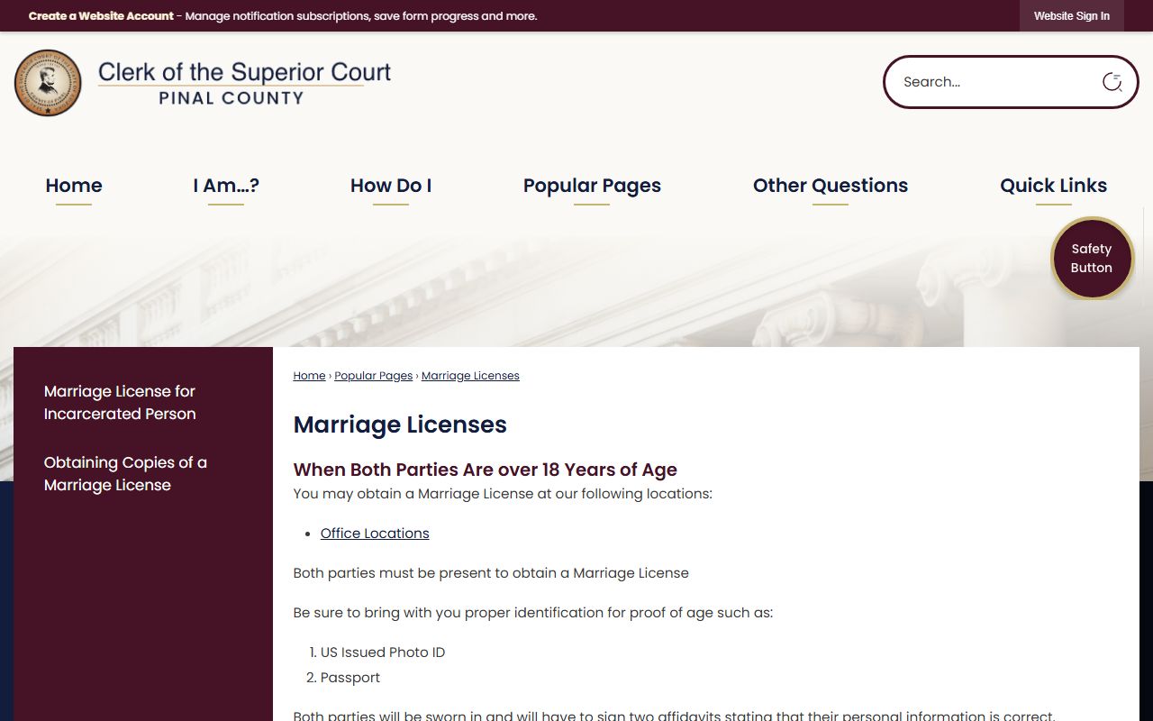 Pinal County marriage license page on the Clerk of Superior Court site