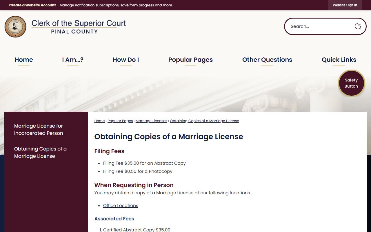 Pinal County obtaining copies of a marriage license page