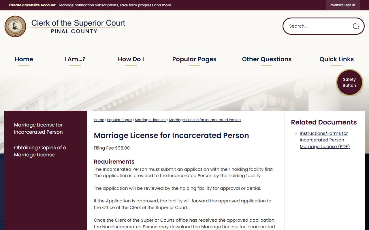Pinal County marriage license for incarcerated person page