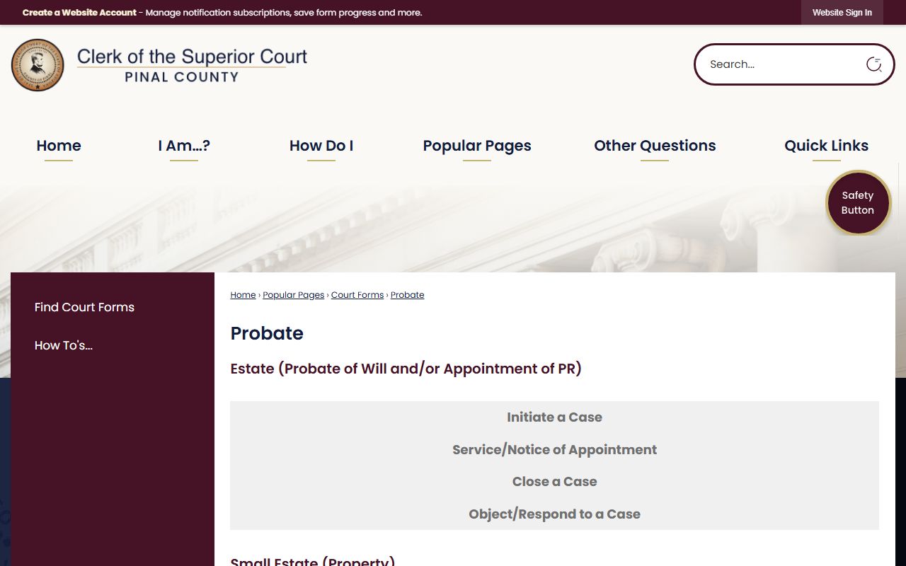 Pinal County probate records page on the Clerk of the Superior Court site