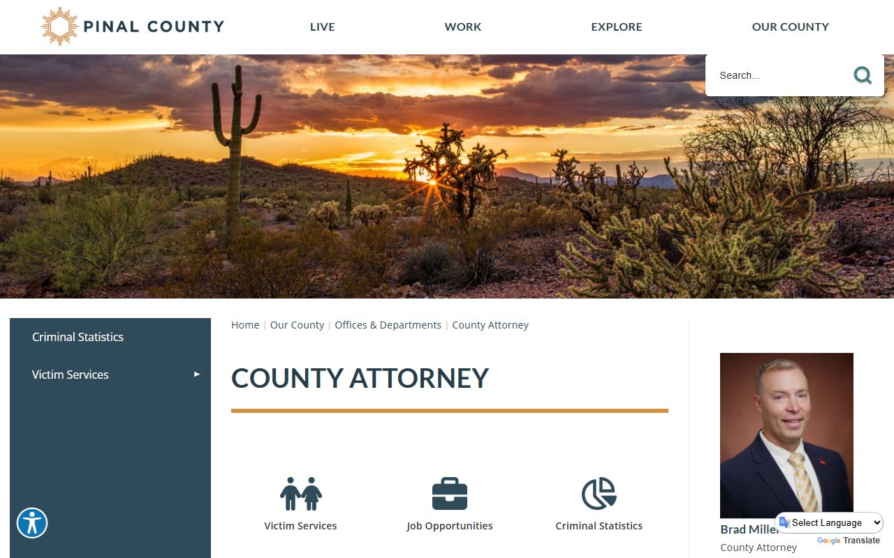 Pinal County Attorney office page on pinal.gov listing prosecution services and criminal records resources