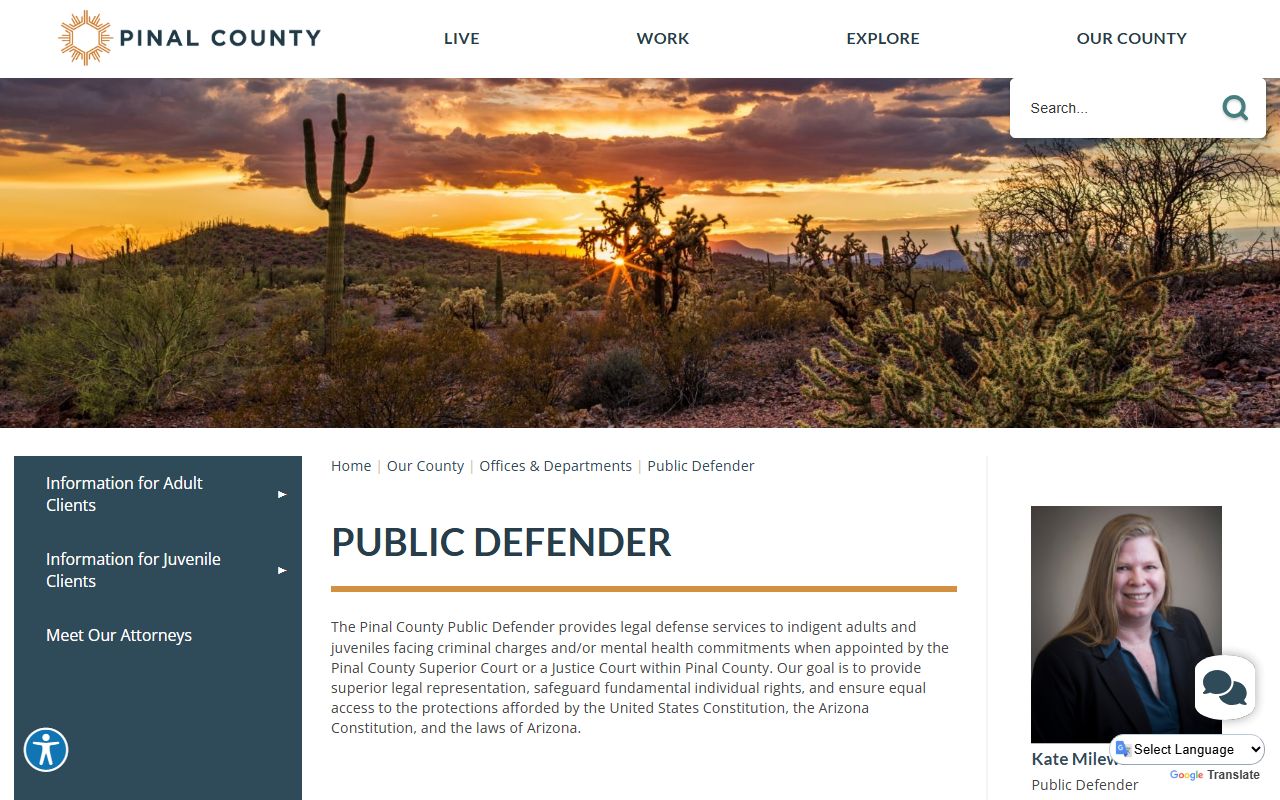 Pinal County Public Defender office page showing contact details and defense services for Pinal criminal records cases