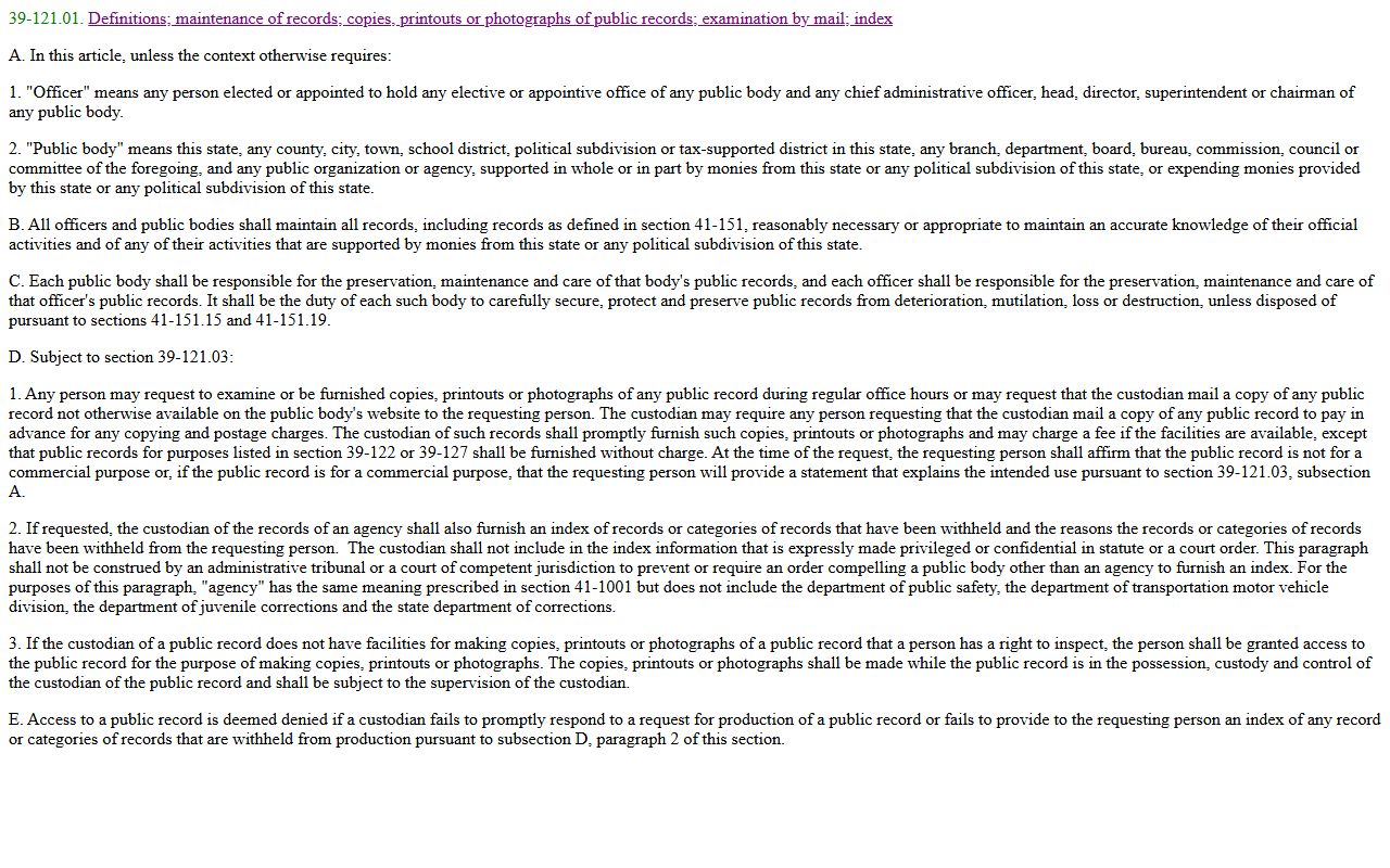 Pinal County public records request rules under A.R.S. § 39-121.01