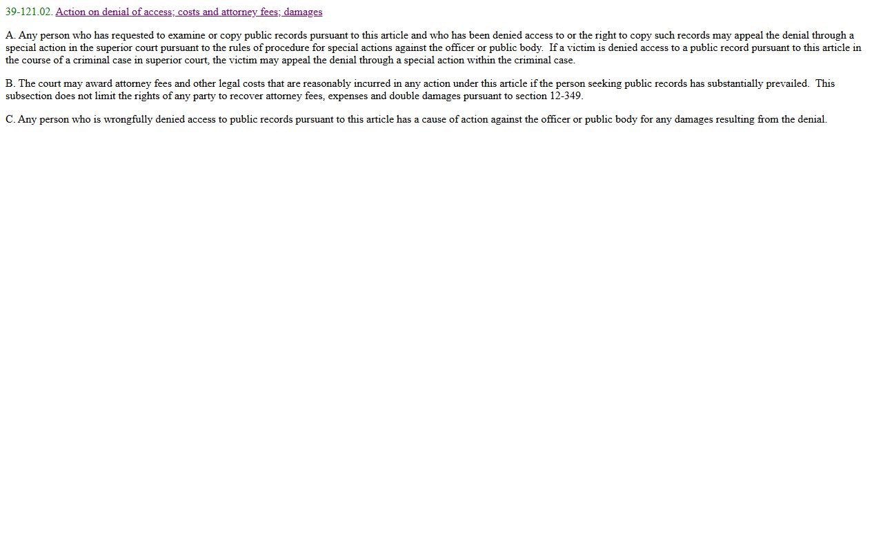 Pinal County public records enforcement statute § 39-121.02 on azleg.gov