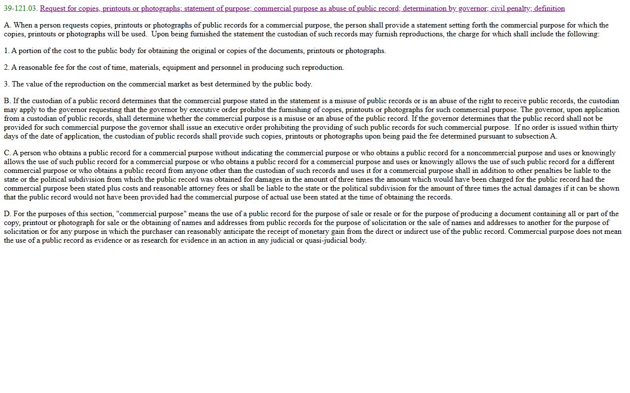 Pinal County public records commercial purpose statute § 39-121.03