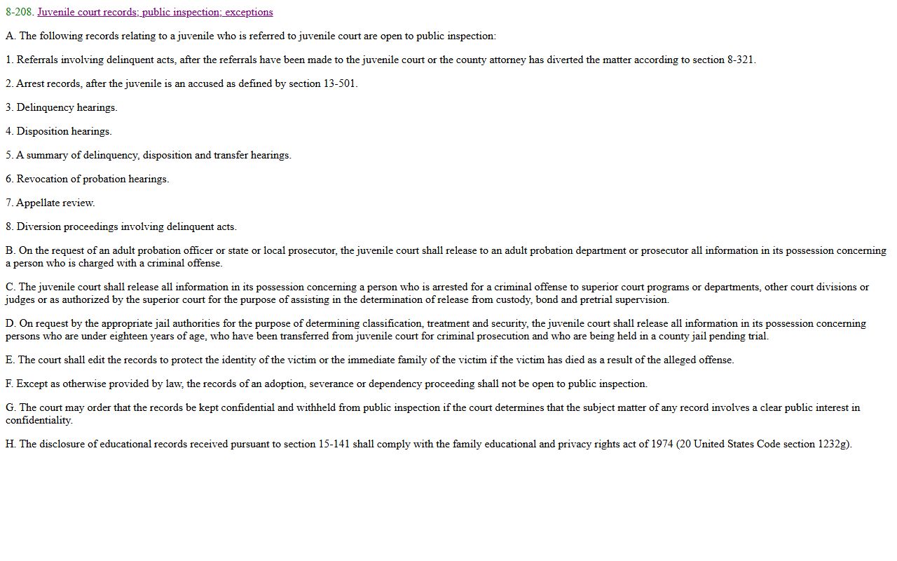 Pinal County juvenile records statute A.R.S. § 8-208