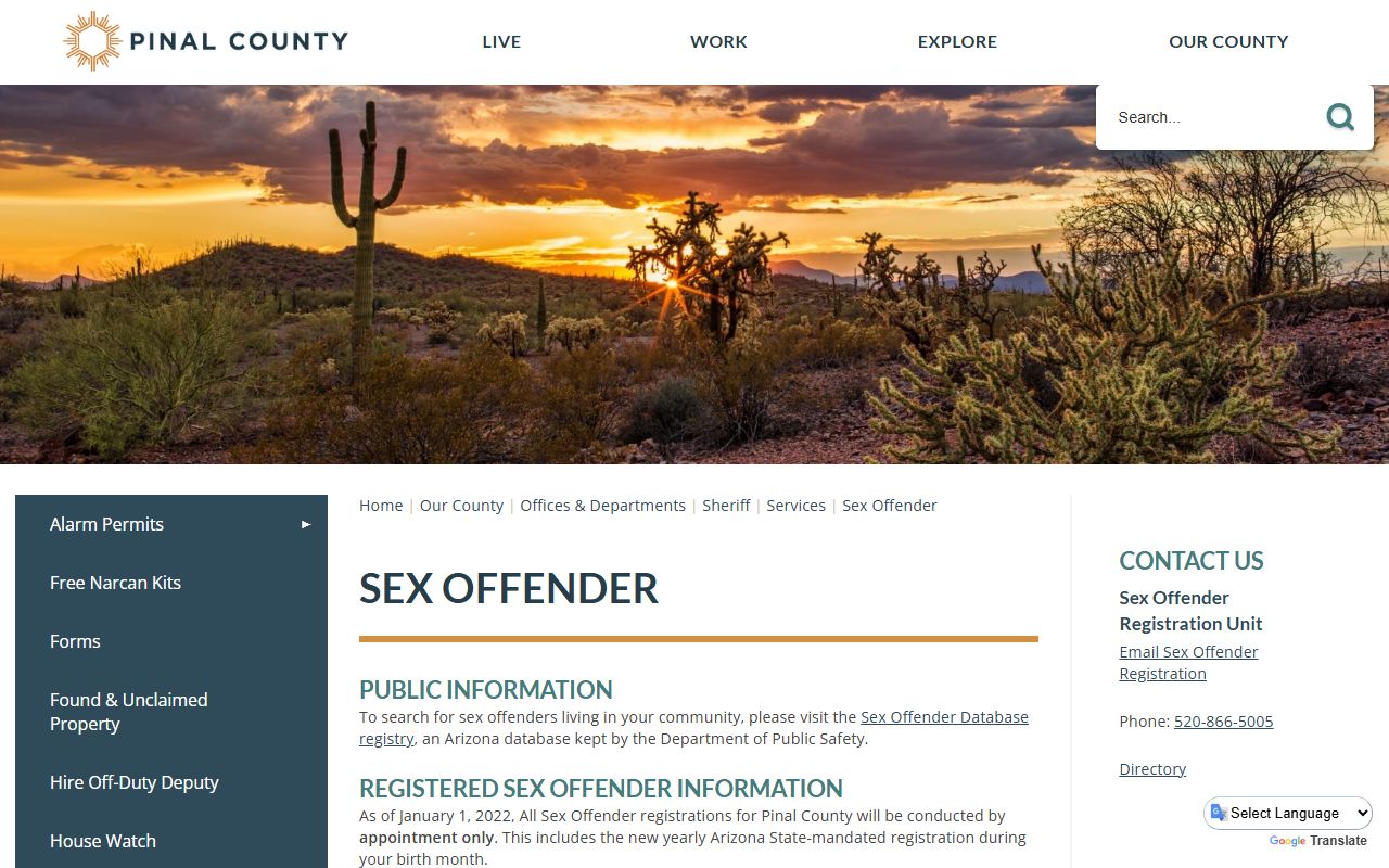 Pinal County released inmates sex offender registration page