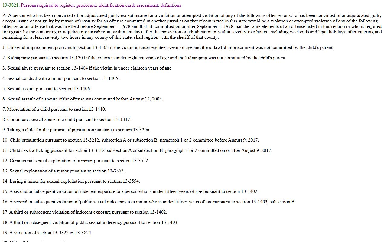 Pinal County released inmates Arizona Revised Statutes section 13-3821 registration