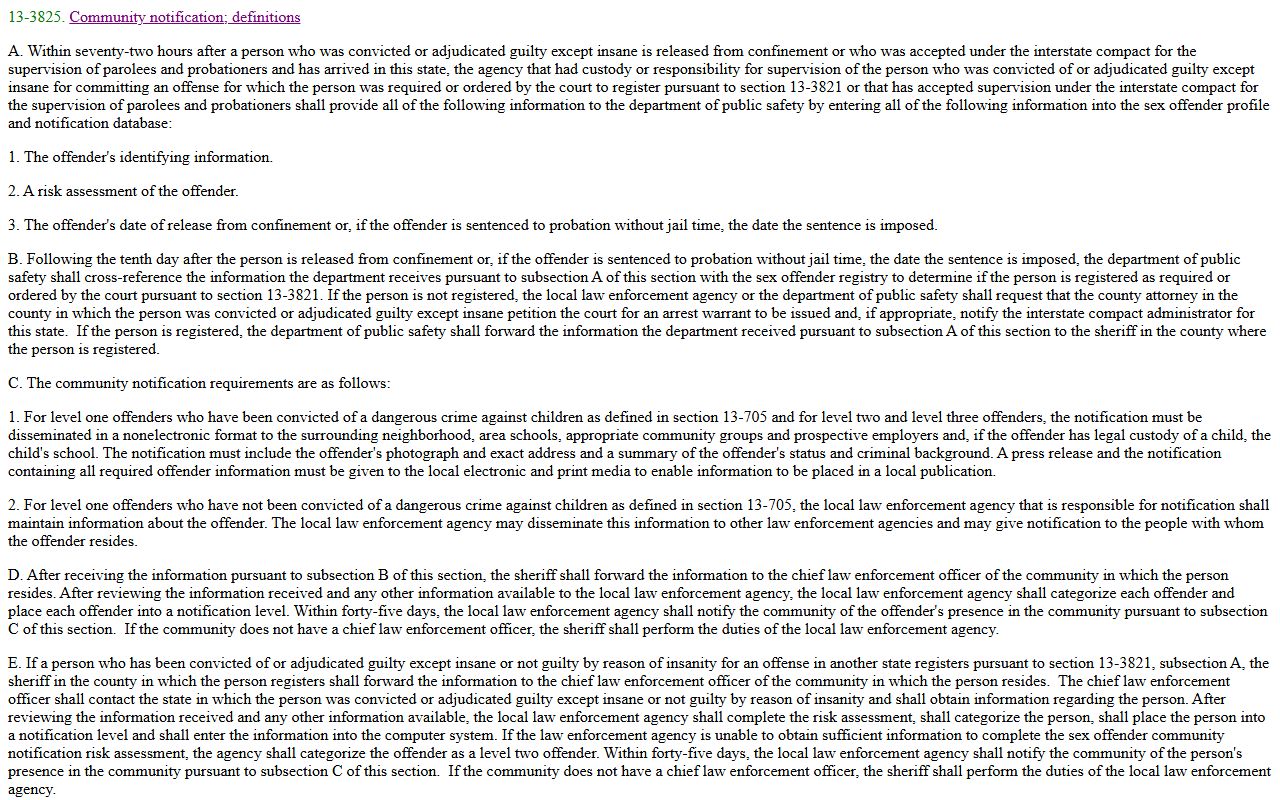 Pinal County released inmates Arizona Revised Statutes section 13-3825 community notification