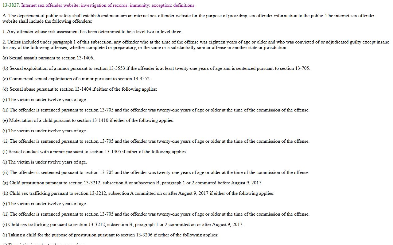 Pinal County released inmates Arizona Revised Statutes section 13-3827 internet sex offender website
