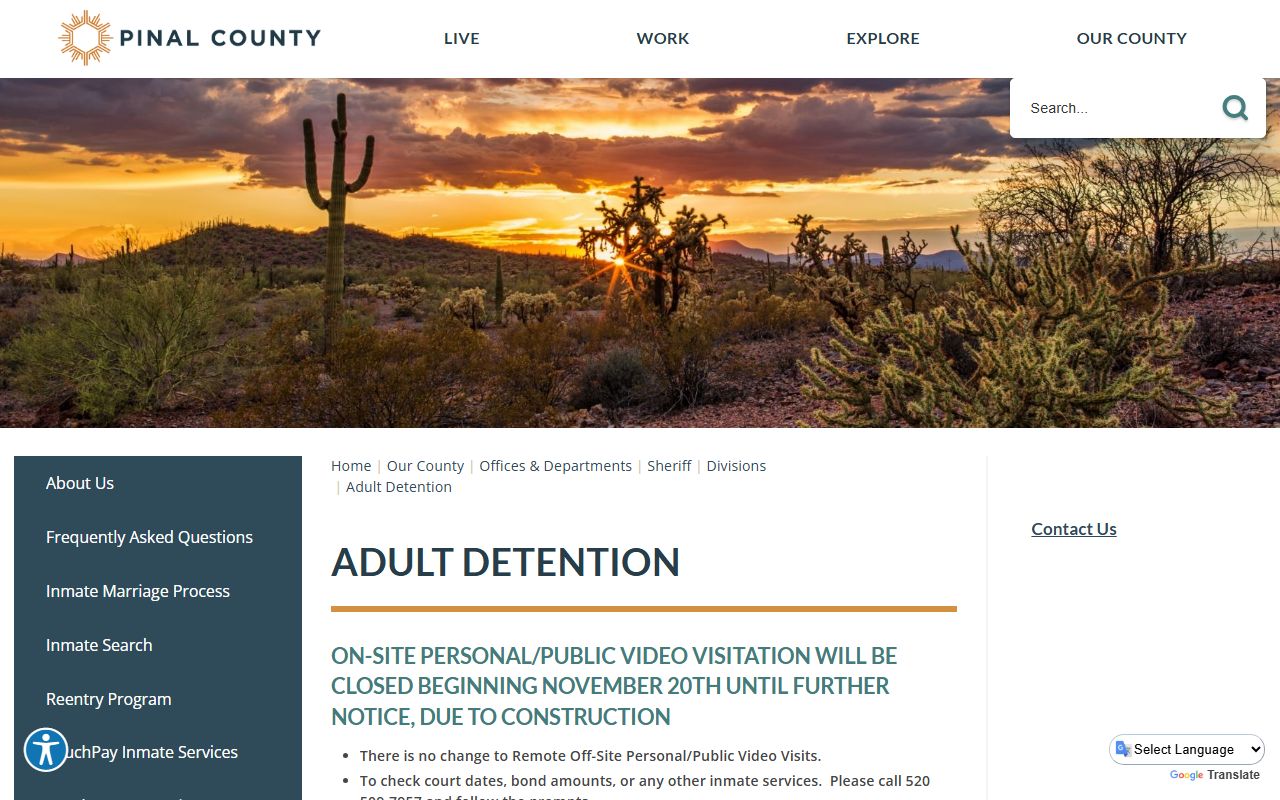 Pinal County Adult Detention Center inmate search landing page