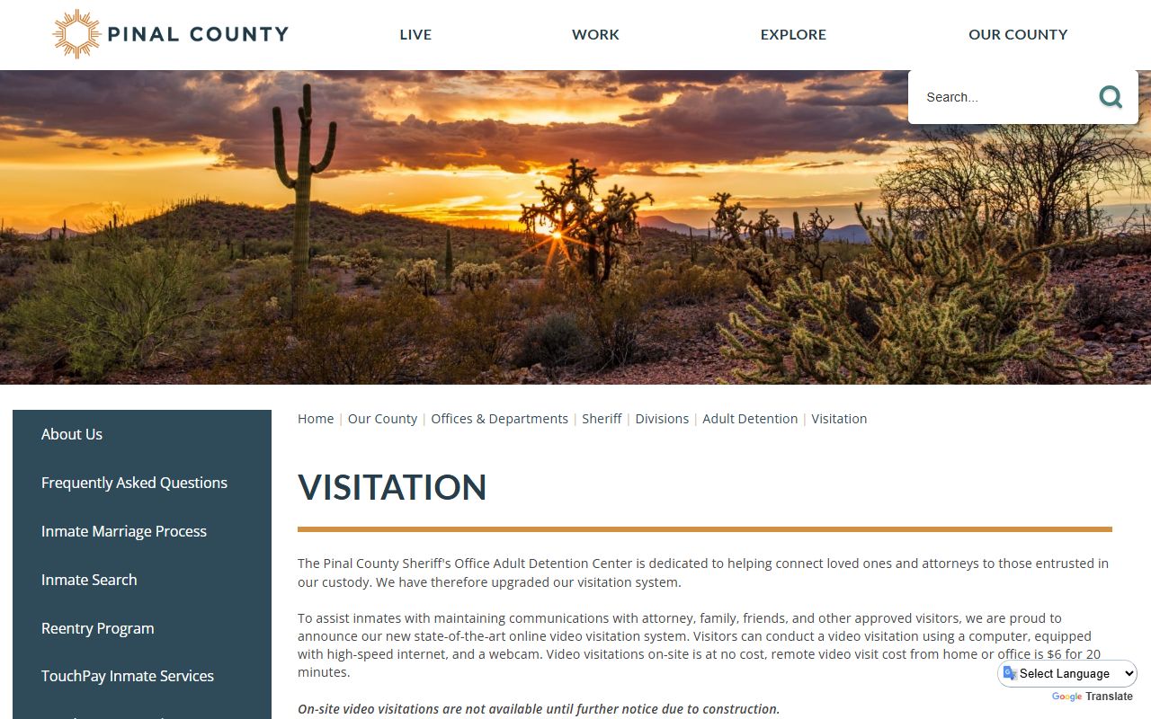 Pinal County jail visitation schedule and Securus video visit rules
