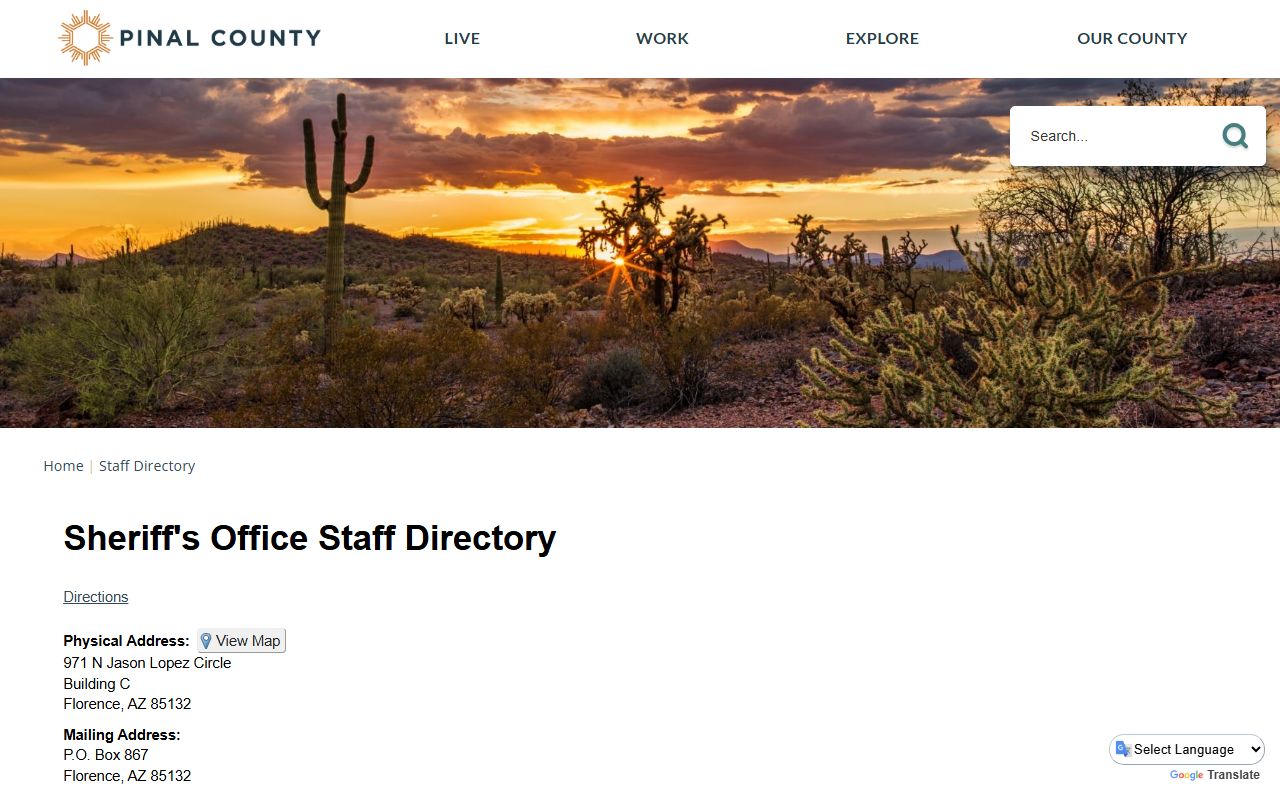 Pinal County Sheriff Office directory listing for the Adult Detention Center