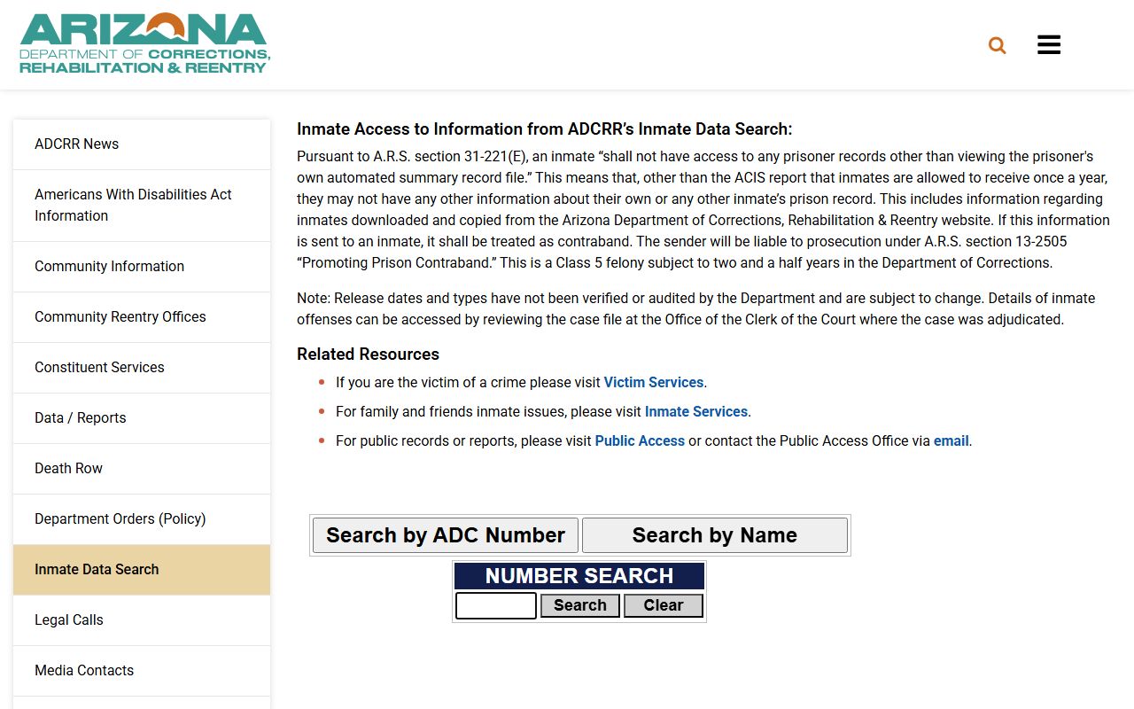 Arizona Department of Corrections inmate data search for state prison custody